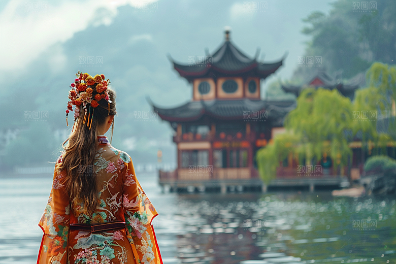 女生旅行背影高清户外摄影图