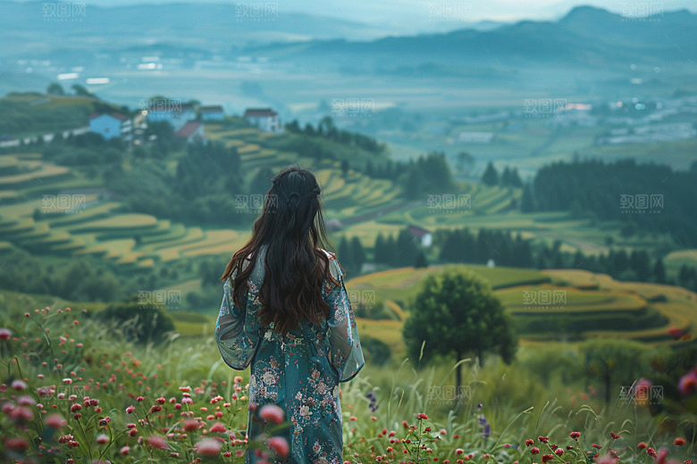 女生旅行背影户外自然摄影图