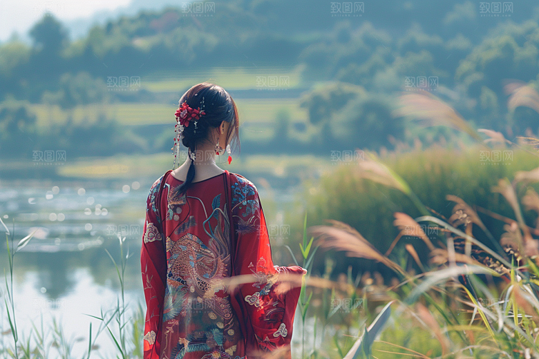 女生旅行背影探险自然摄影图