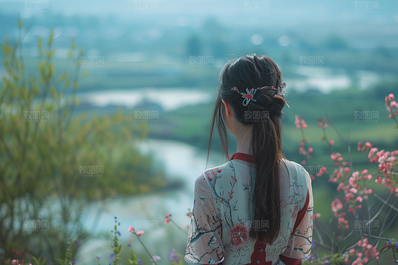 女生旅行背影旅游自然摄影图