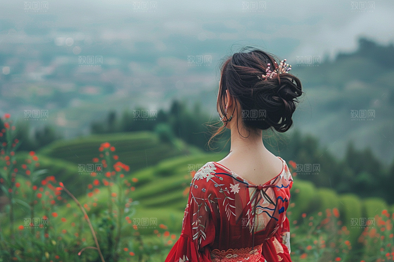 女生旅行背影高清自然摄影图