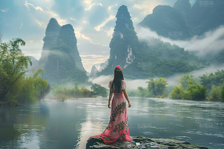 女生旅行背影辽阔探险摄影图