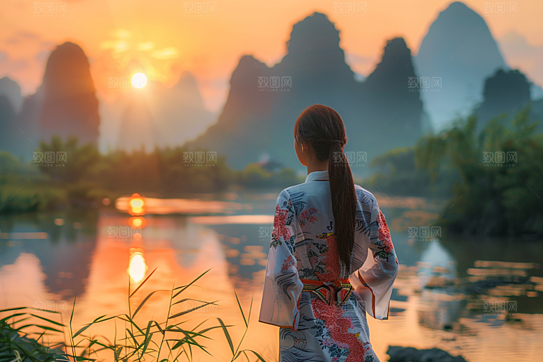 女生旅行背影徒步辽阔摄影图