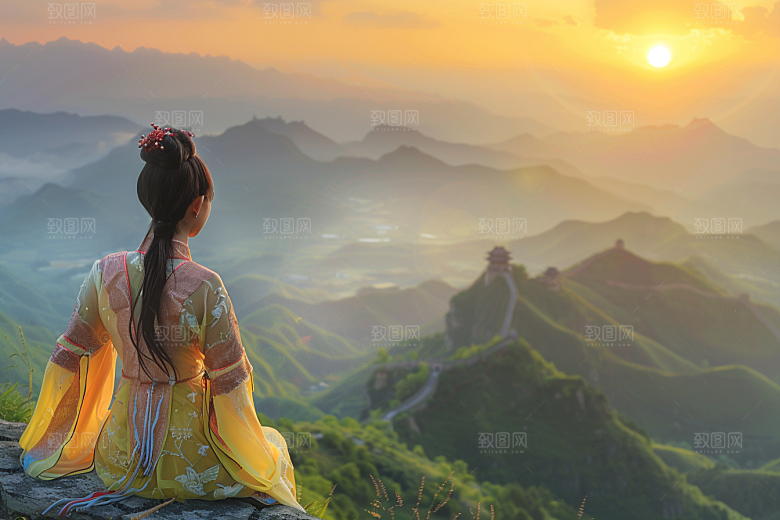 女生旅行背影辽阔自然摄影图
