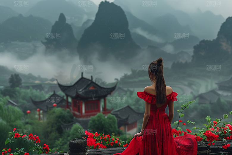 女生旅行背影风光徒步摄影图