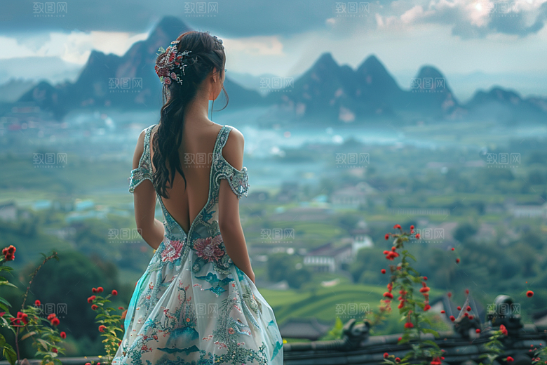 女生旅行背影自然探险摄影图