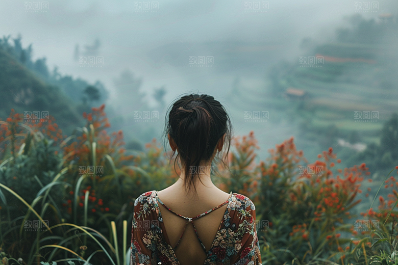 女生旅行背影探险自然摄影图
