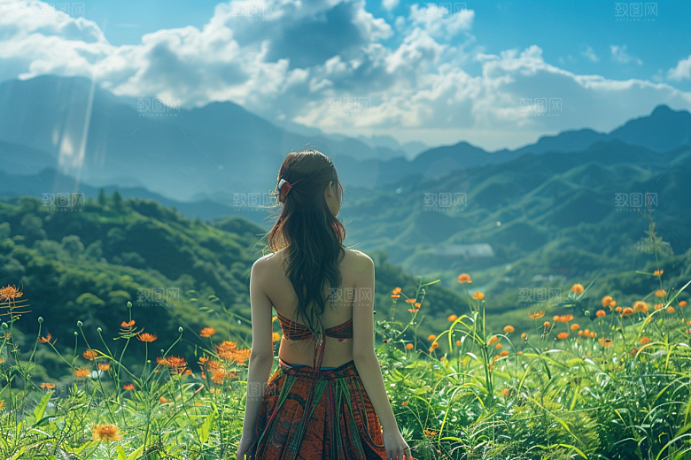 女生旅行背影自由行辽阔摄影图