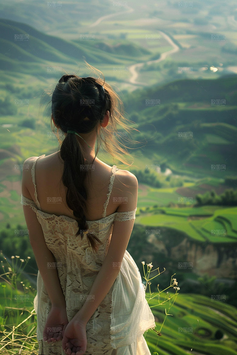 女生旅行背影人物徒步摄影图