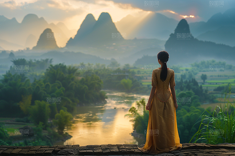女生旅行背影旅游徒步摄影图