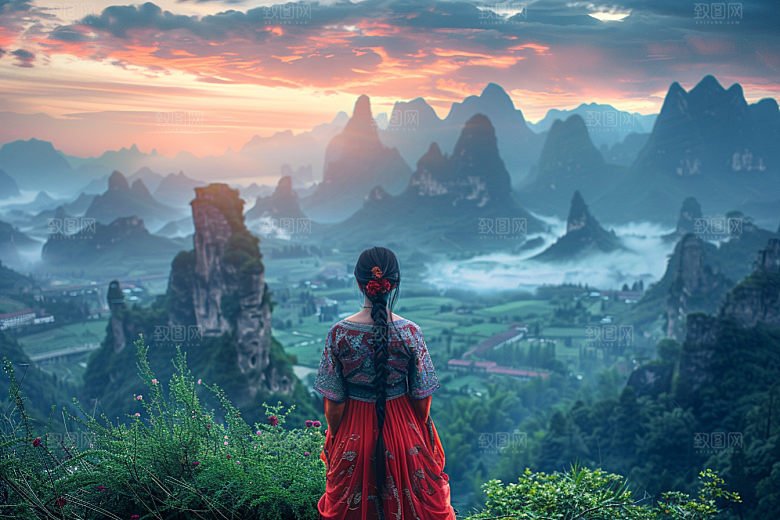 女生旅行背影旅游徒步摄影图