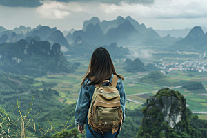 女生旅行背影自由行徒步摄影图