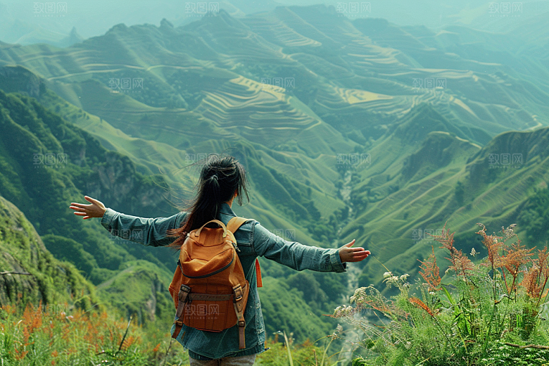 女生旅行背影旅游探险摄影图