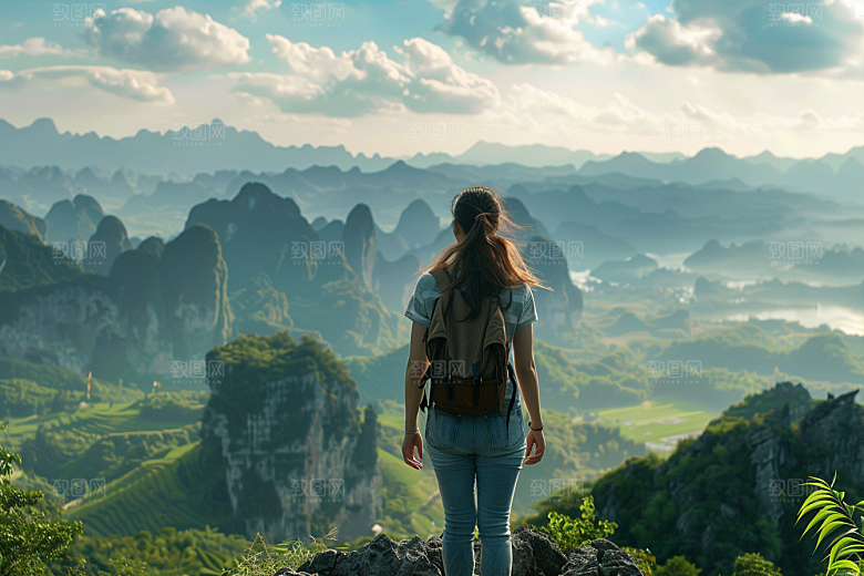 女生旅行背影户外自由行摄影图