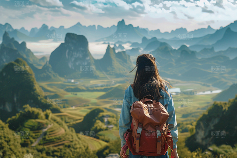 女生旅行背影人物辽阔摄影图