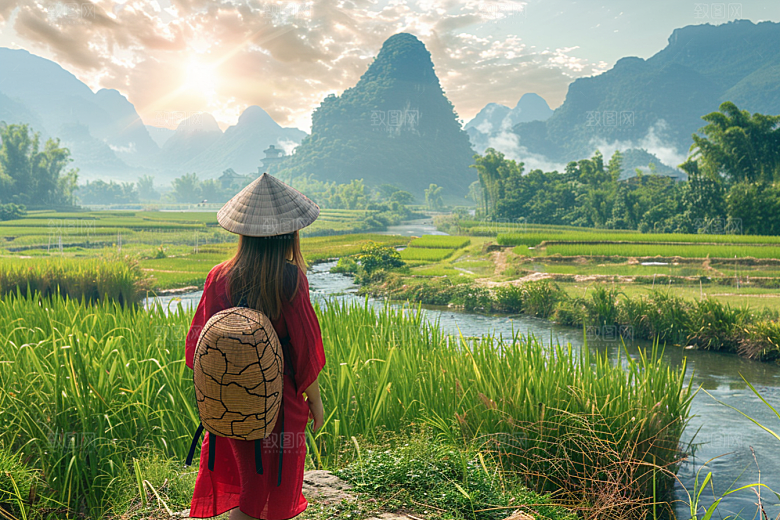 女生旅行背影风光探险摄影图