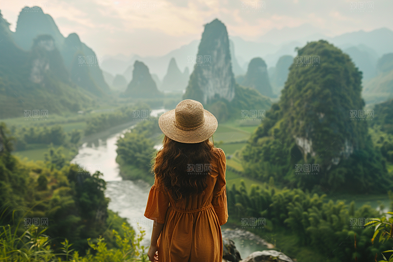 女生旅行背影旅游辽阔摄影图