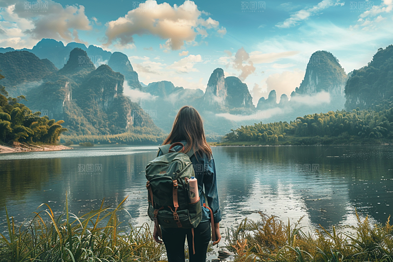 女生旅行背影旅游户外摄影图
