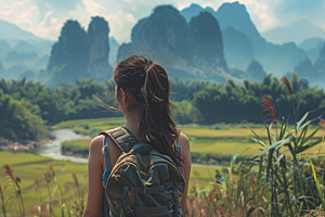 女生旅行背影人物自然摄影图