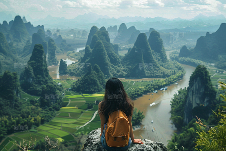 女生旅行背影唯美自然摄影图