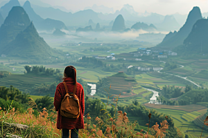 女生旅行背影自然风光摄影图