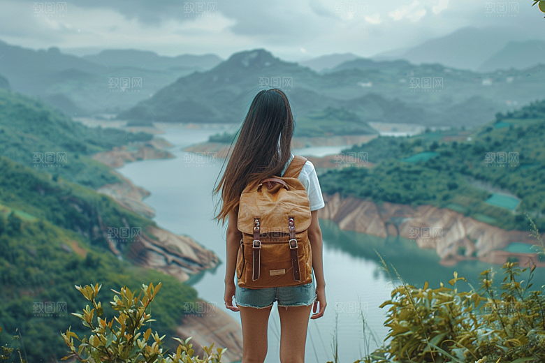 女生旅行背影探险自然摄影图