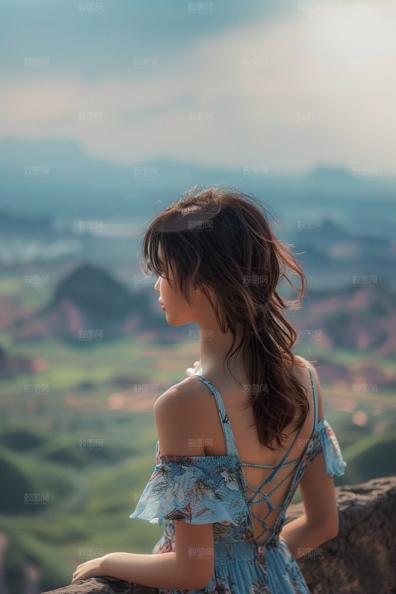 女生旅行背影风光辽阔摄影图