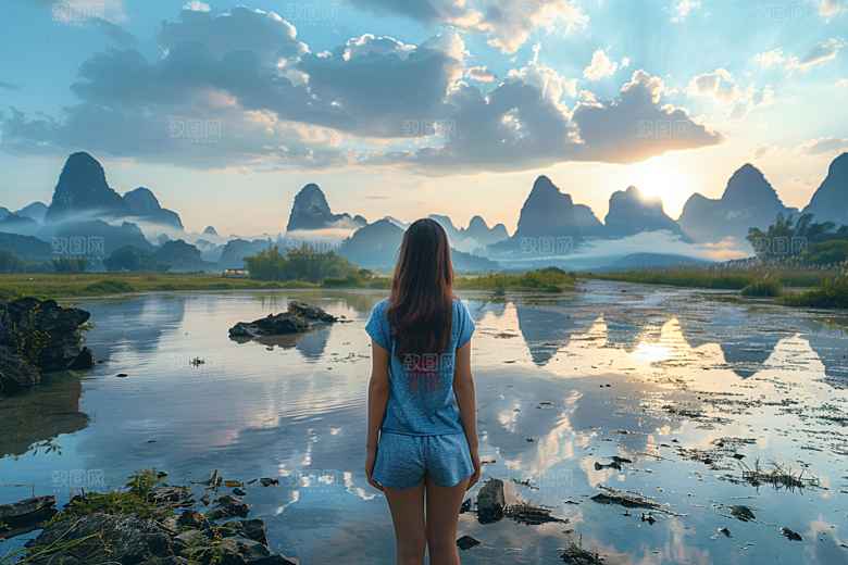 女生旅行背影自由行自然摄影图