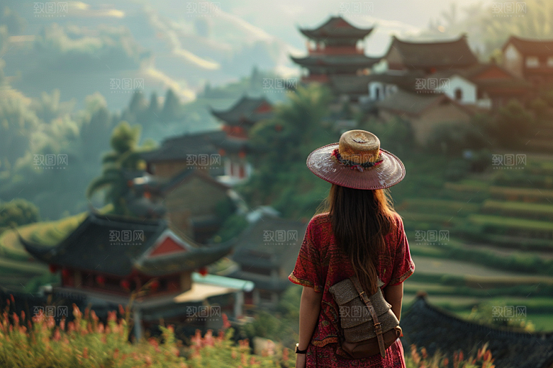 女生旅行背影旅游辽阔摄影图