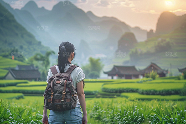 女生旅行背影徒步户外摄影图