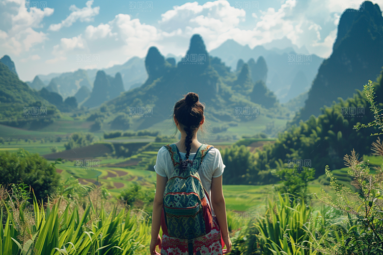 女生旅行背影户外探险摄影图