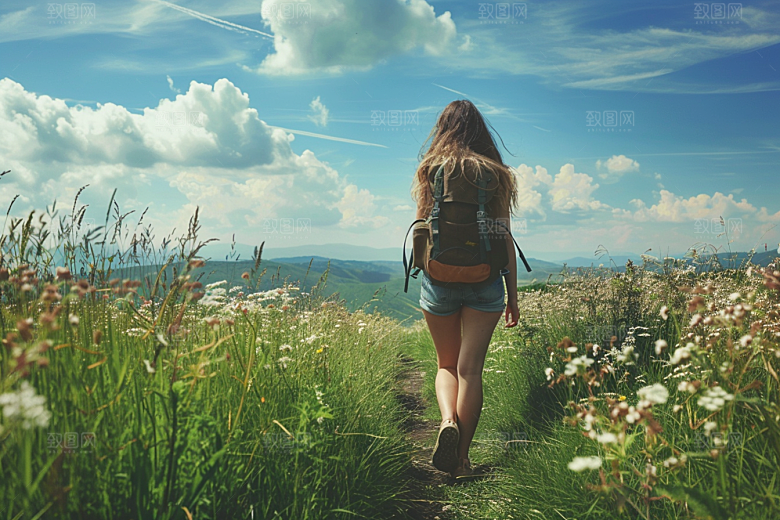 女生旅行背影探险辽阔摄影图