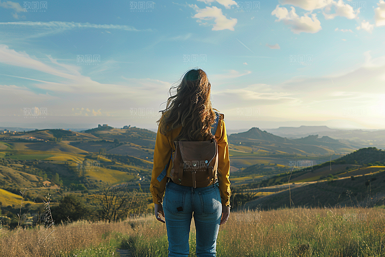 女生旅行背影自然辽阔摄影图