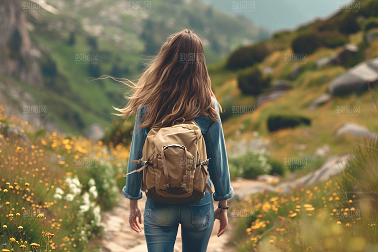 女生旅行背影辽阔风光摄影图
