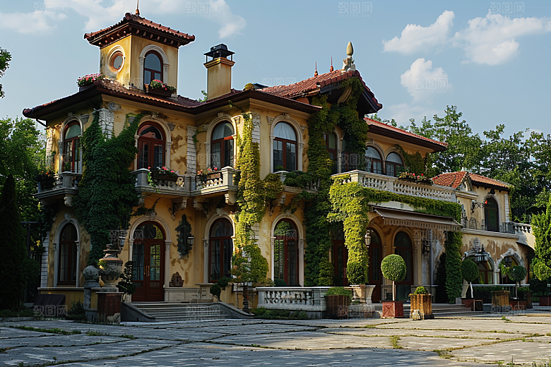 欧式别墅花园建筑效果图