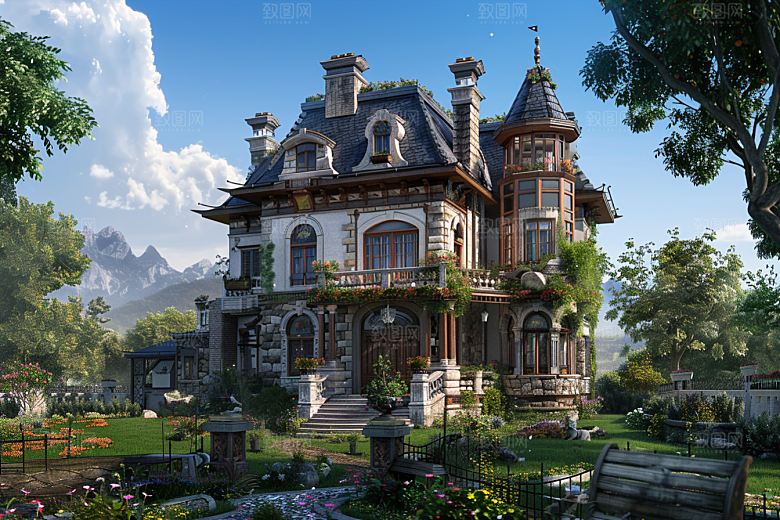 欧式别墅花园住宅效果图