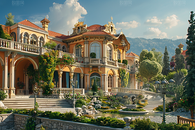 欧式别墅建筑住宅效果图