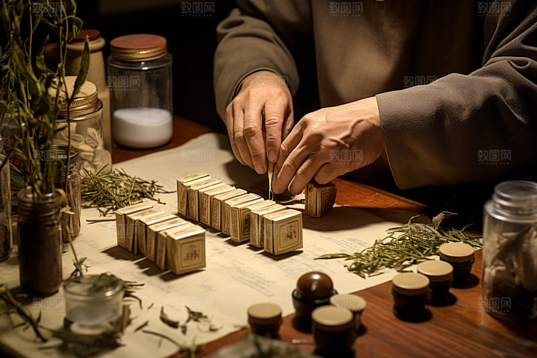 中医配药拿药中草药摄影图