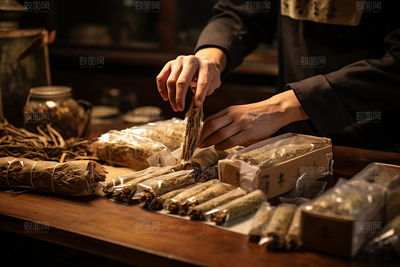 中医配药高清抓药摄影图