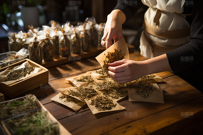 中医配药特写中草药摄影图
