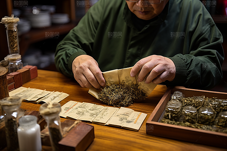 中医配药中草药医学摄影图