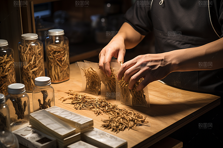 中医配药拿药中草药摄影图