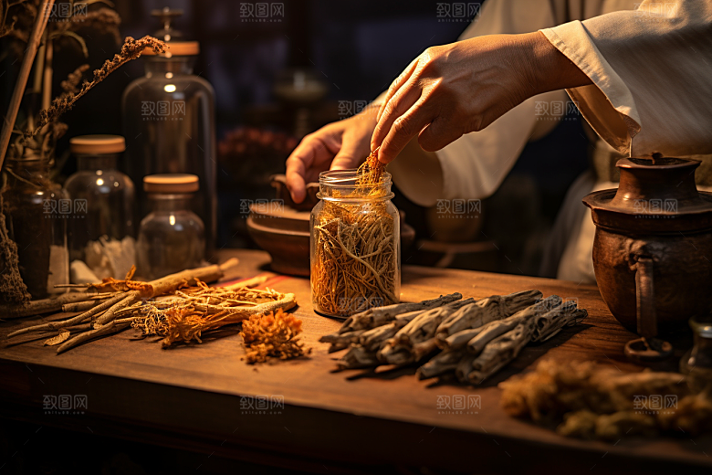 中医配药拿药医学摄影图