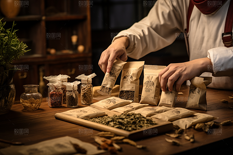 中医配药特写抓药摄影图