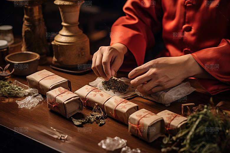 中医配药抓药中草药摄影图
