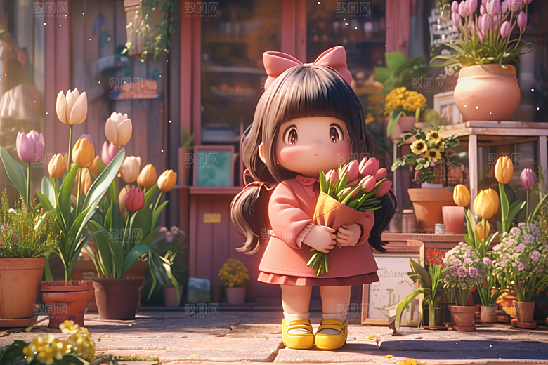 手捧鲜花的少女人物清新素材