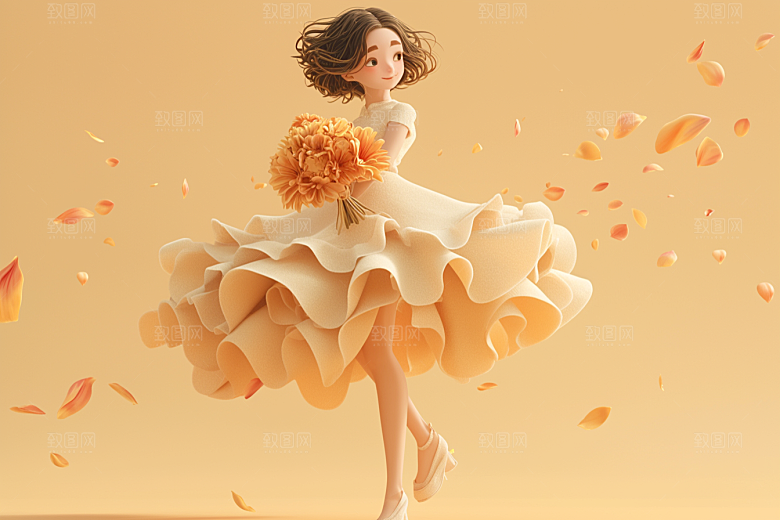手捧鲜花的少女春天模型素材