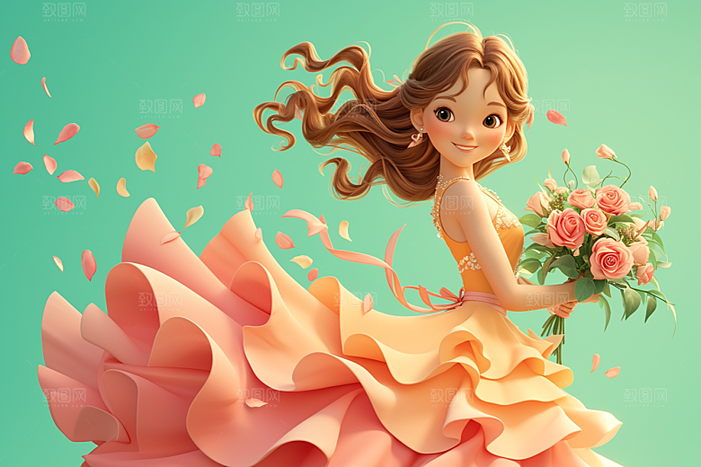 手捧鲜花的少女梦幻清新素材