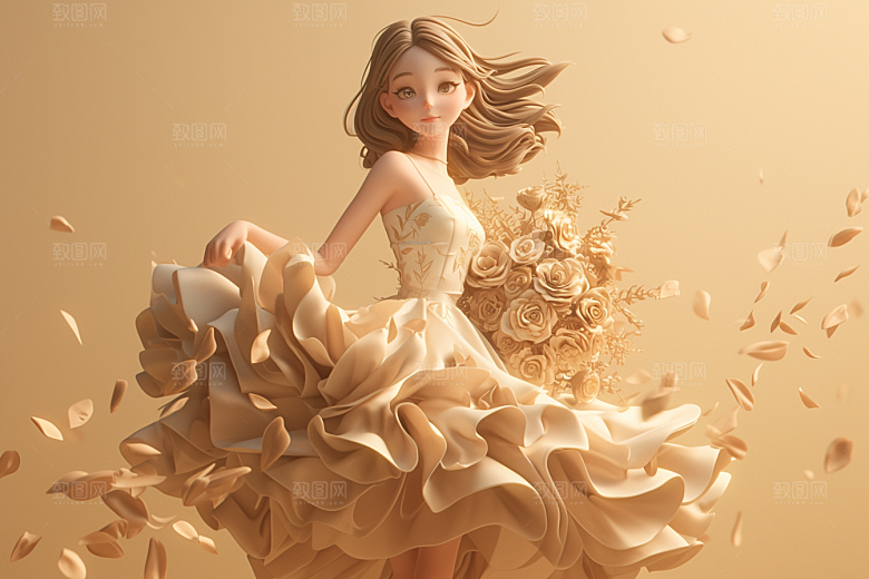 手捧鲜花的少女花朵自然素材