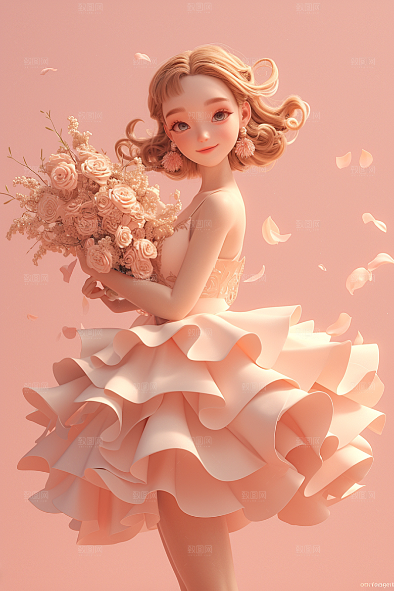 手捧鲜花的少女花朵烂漫素材